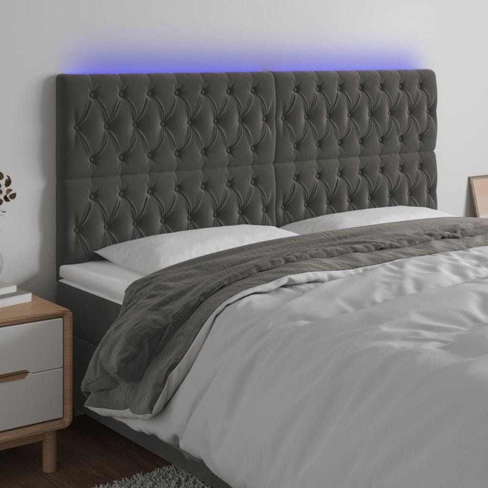 Vidaxl Čelo postele s LED tmavosivé 180x7x118/128 cm zamat